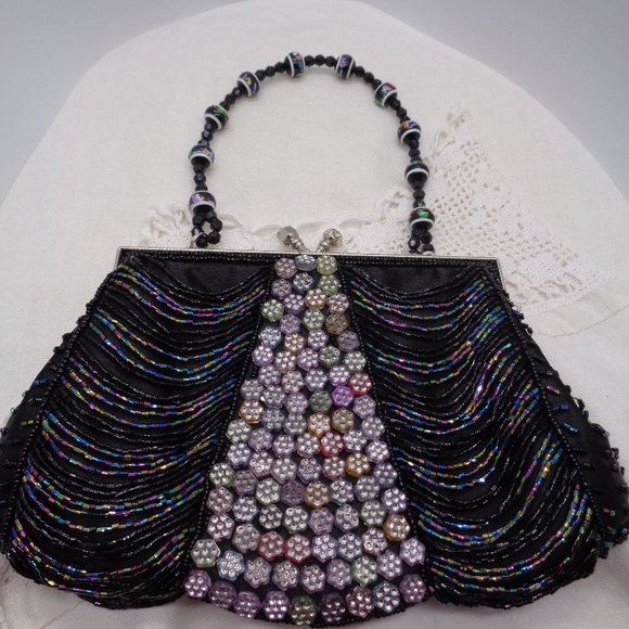 Vintage inspired Black Drape Bead & Flower Bead Evening Bag Purse - Picture 9 of 9